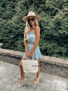 Light Blue Floral Strapless Crop Top & Skirt Set
